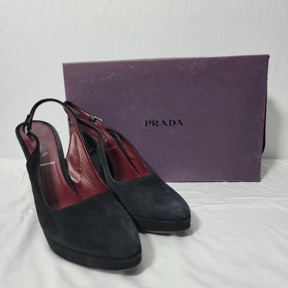 PRADA Size 9.5 Vtg camoscio nero 1j6374 Slingback Pumps (Black, EU 39.5) w. box